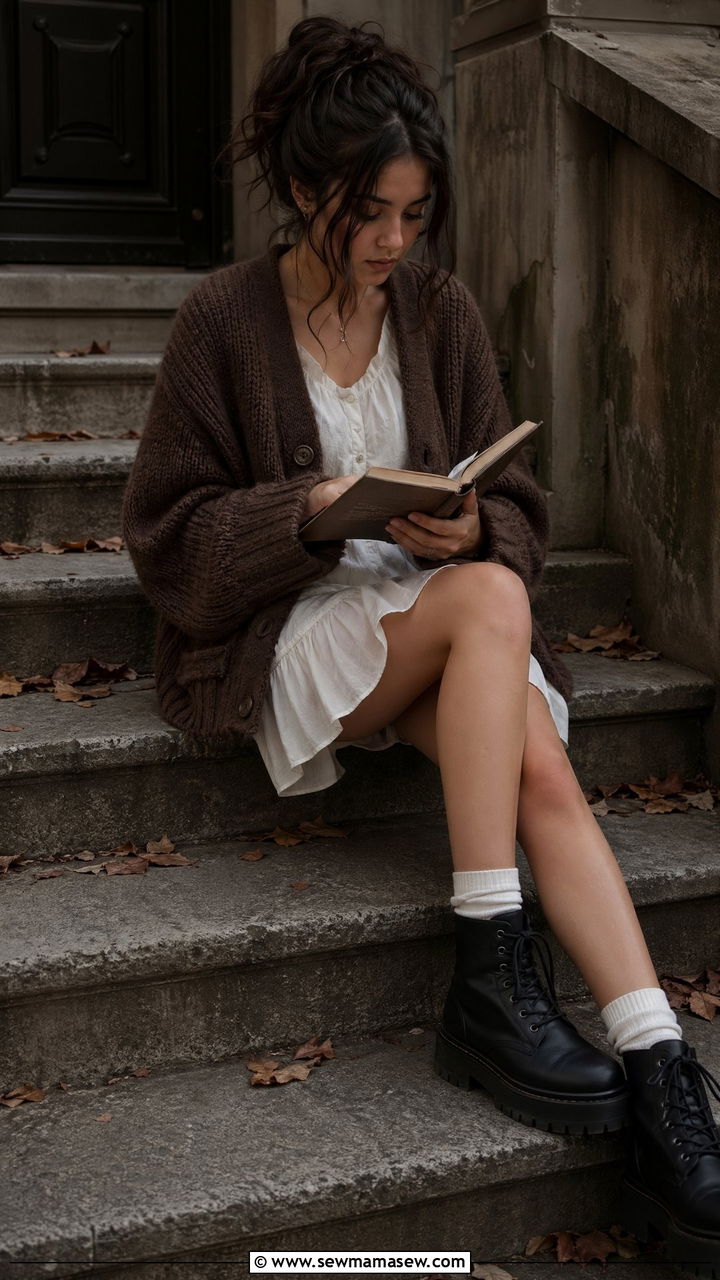 Oversized Brown Cardigan and White Tiered Mini Dress with Platform Boots - 35 dark academia outfits