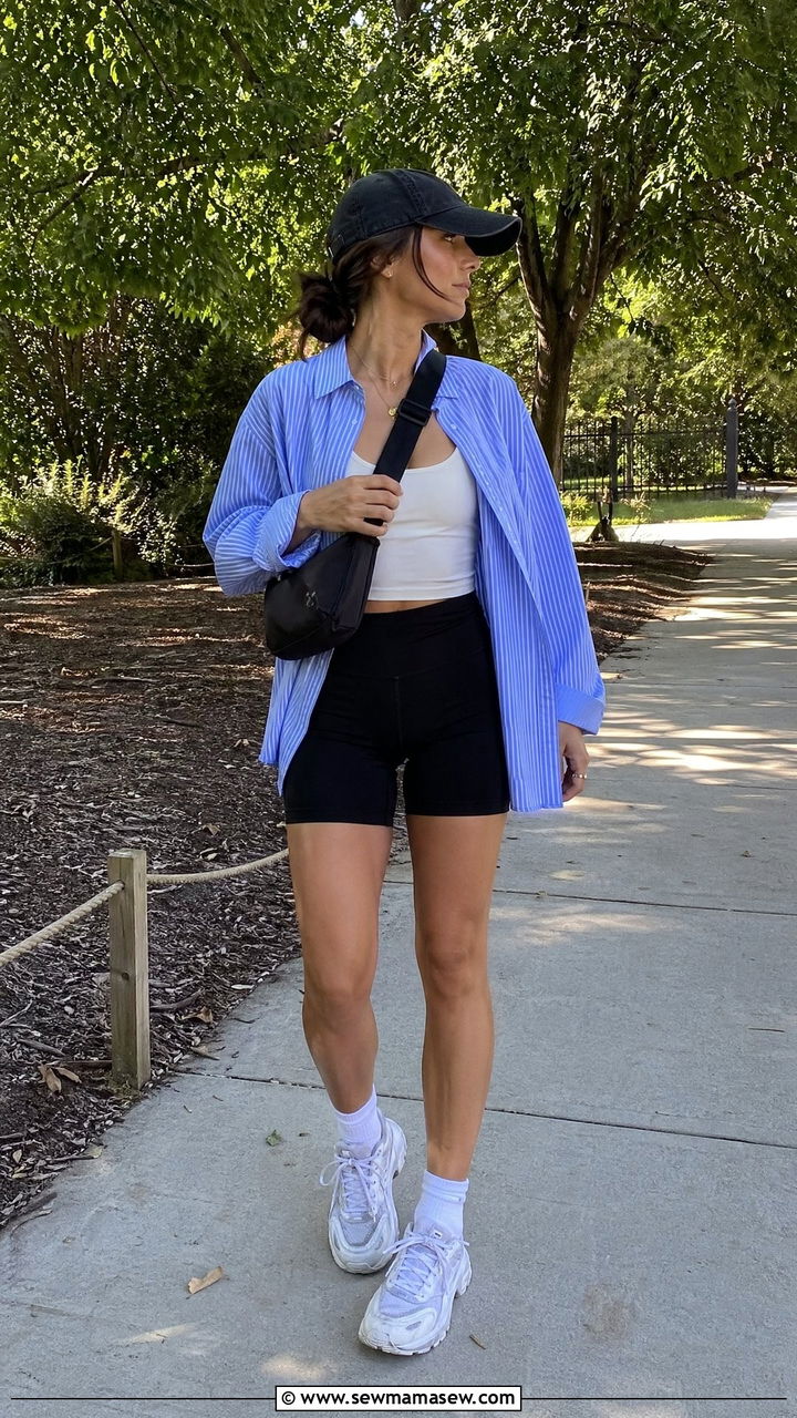 Oversized Button Down Shirt With Bike Shorts - 35 Spring outfits for busy moms