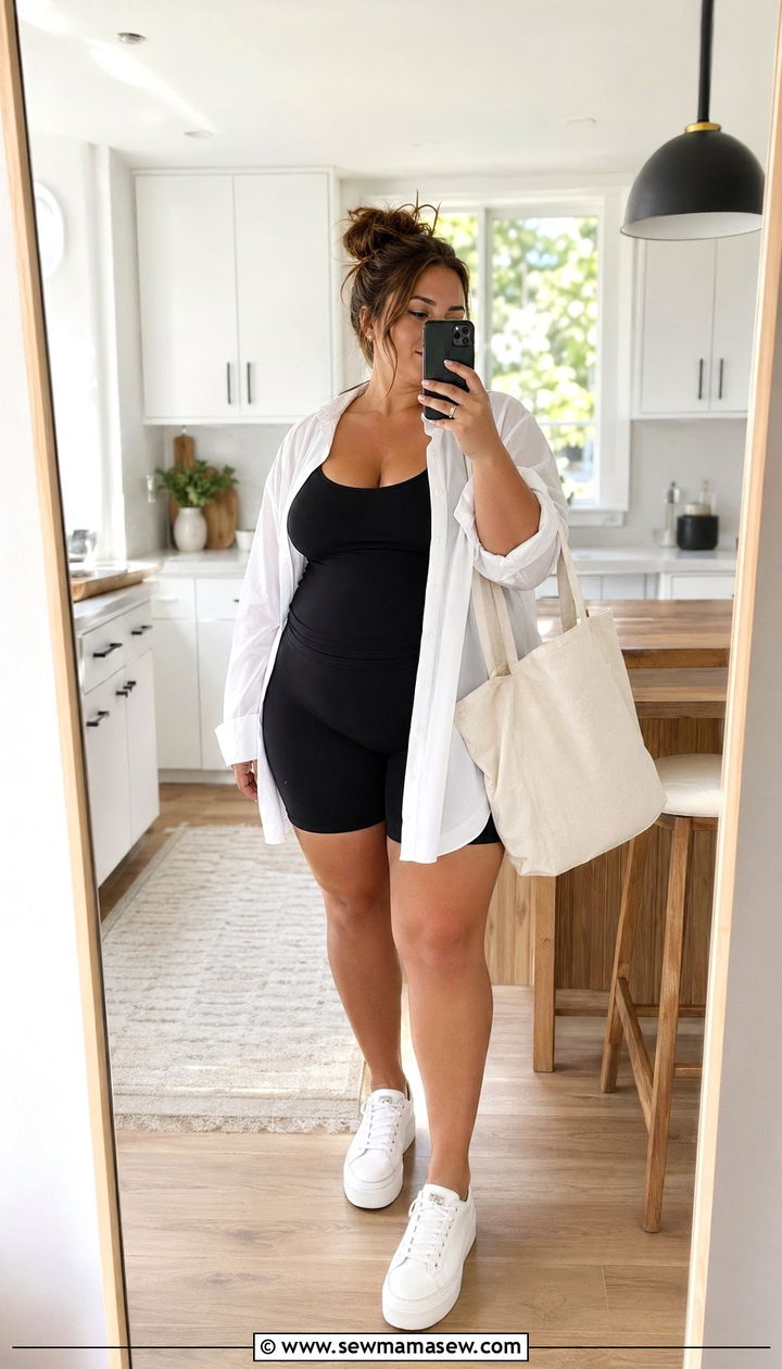 Oversized Button Down Shirt With Bike Shorts - 35 Postpartum outfit ideas plus size