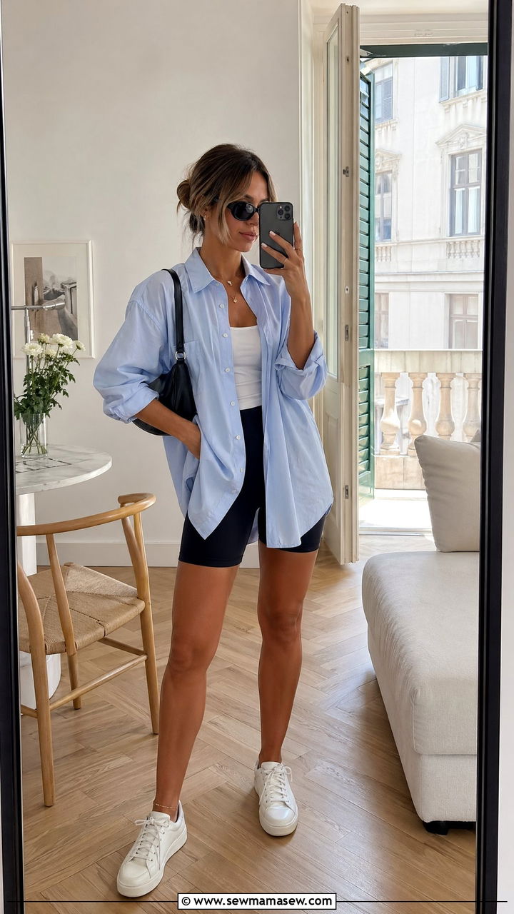 Oversized Button Down Shirt With Biker Shorts - 35 cute European summer outfits