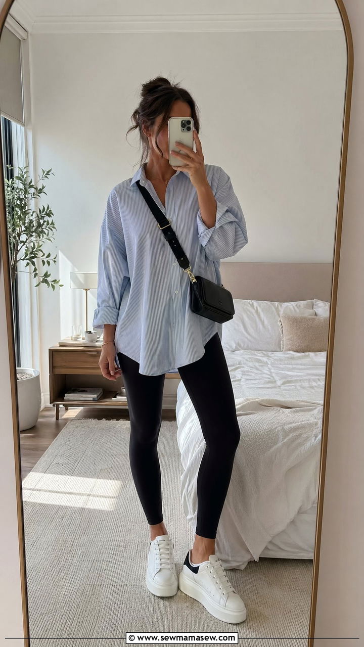 Oversized Button Down Shirt With Leggings Outfit - 35 casual outfits for tall women