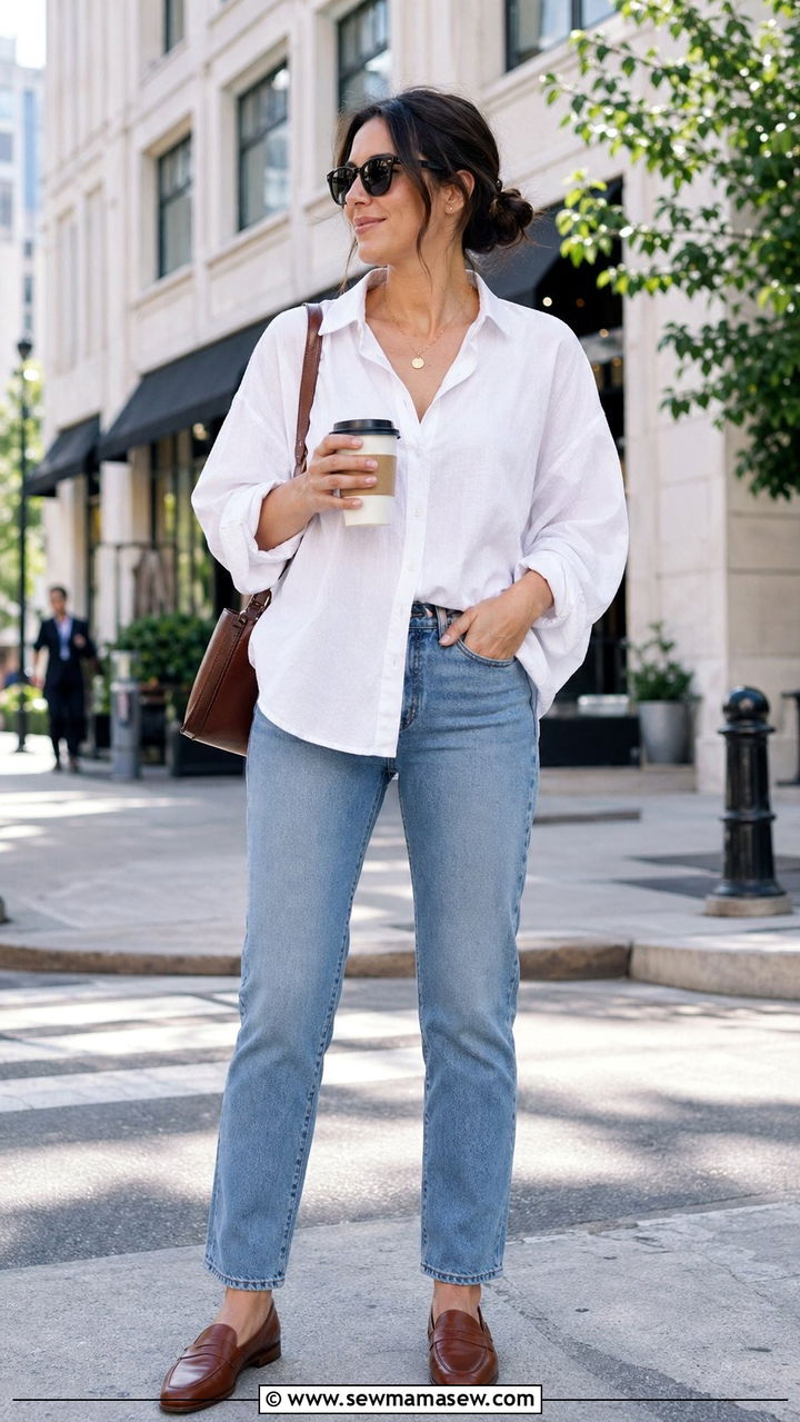 Oversized Button Down Shirt With Stretchy Jeans - 35 Postpartum outfit ideas