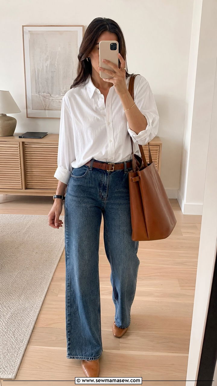 Oversized Button Down Shirt and Mules with Wide Leg Jeans - 35 wide leg jeans outfits for women