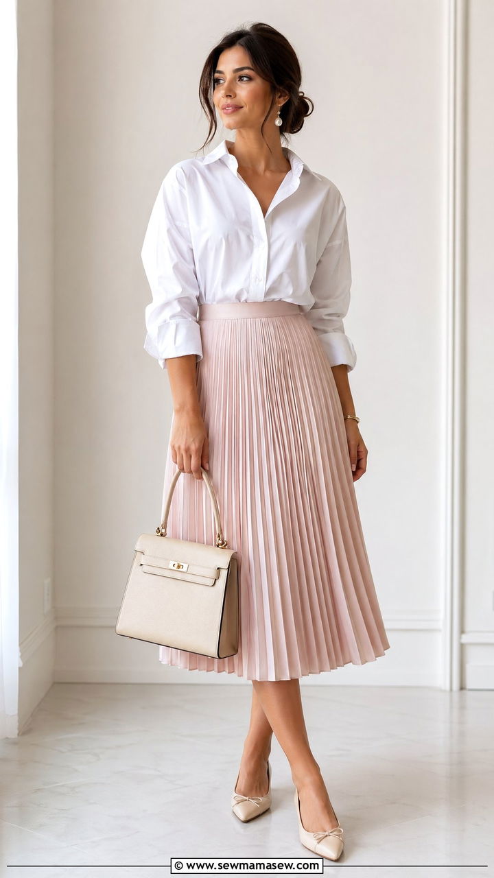 Oversized Button Down Shirt with Pleated Midi Skirt - 35 classy summer outfit ideas