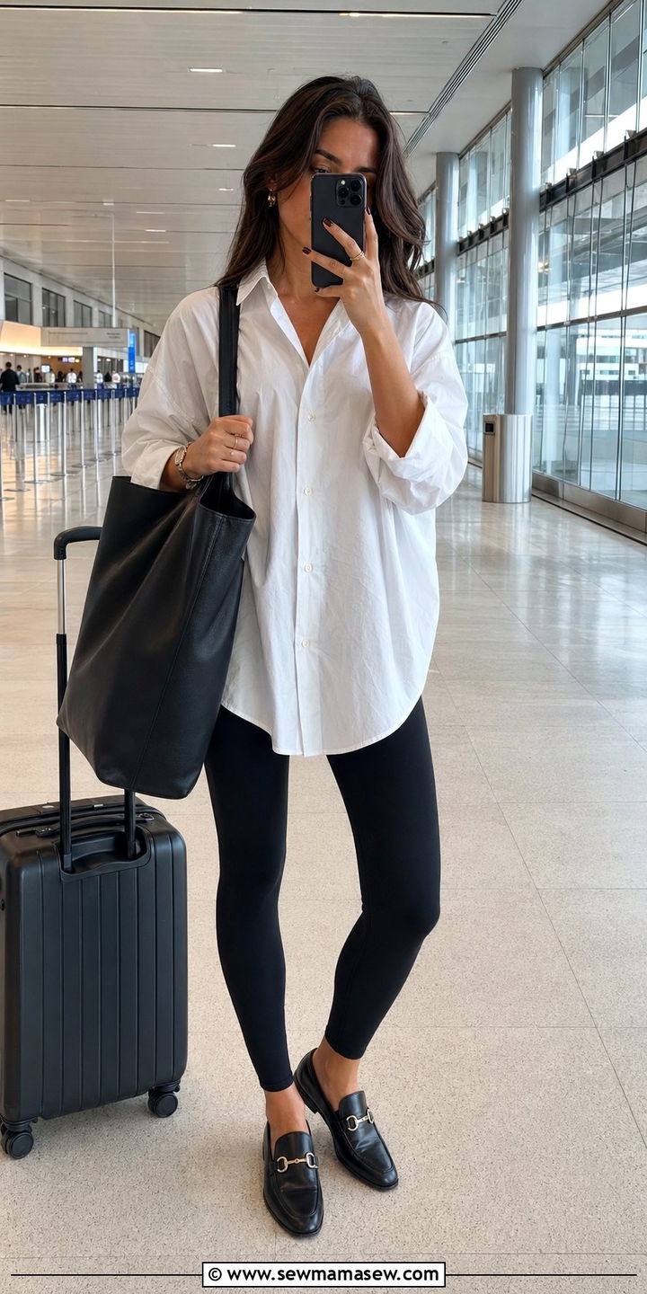 Oversized Button Down With Leggings And Loafers - 30 Airport outfit ideas long haul flight