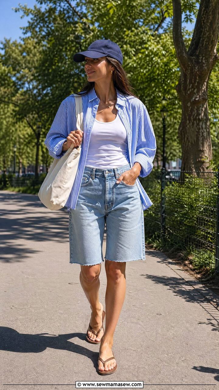 Oversized Button Down and Bermuda Denim Shorts - 35 summer aesthetic outfit ideas
