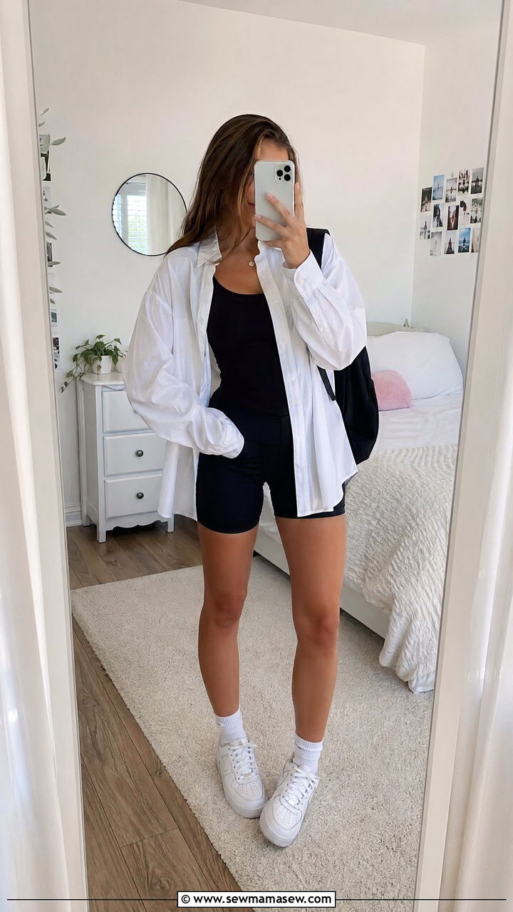 Oversized Button Down and Cyclist Shorts - 35 Summer outfits for high school