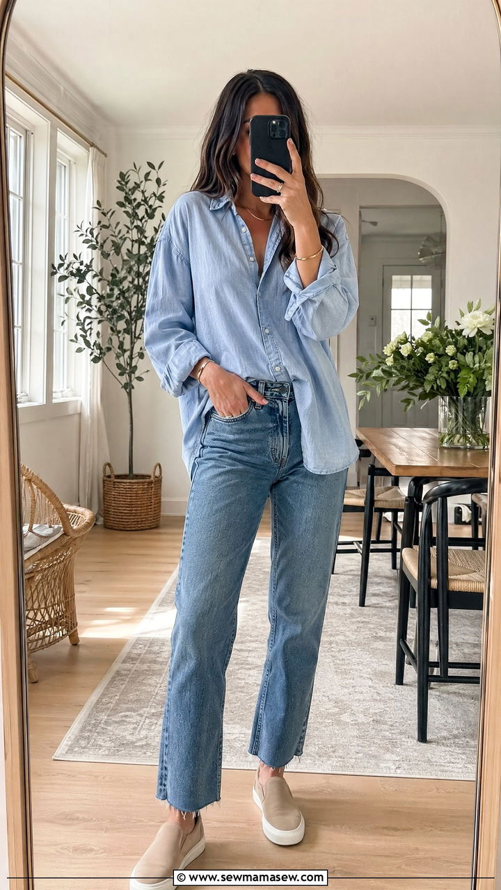 Oversized Button Up Shirt With Relaxed Fit Jeans - 35 comfy outfit ideas for women