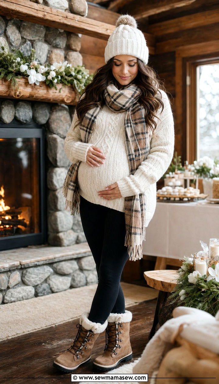 Oversized Cable Knit Sweater Leggings and Snow Boots - 30 Baby shower outfits for mom to be