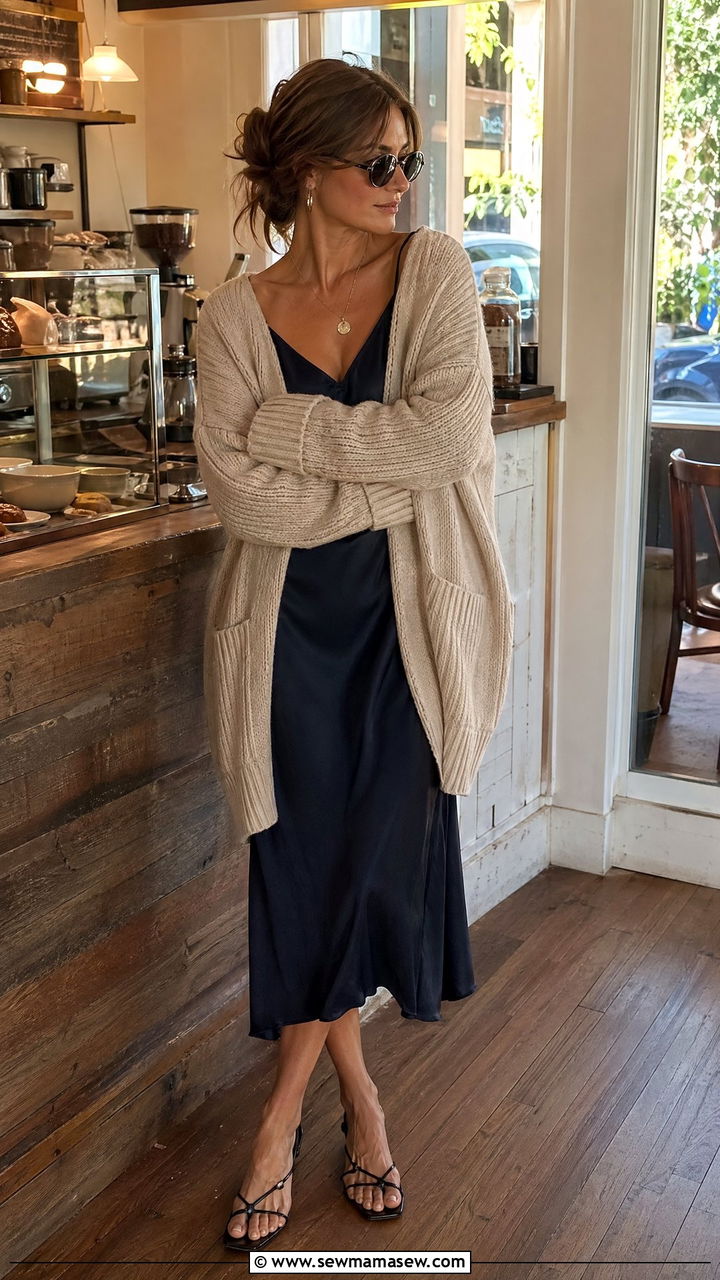 Oversized Cardigan Over A Slip Dress - 35 classy 90s outfits