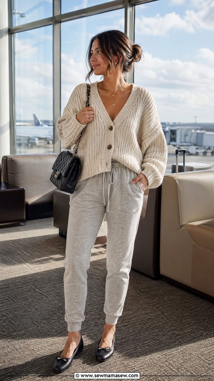 Oversized Cardigan With Joggers And Ballet Flats - 35 Comfortable airport outfits