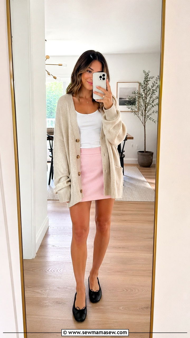 Oversized Cardigan With Mini Skirt And Ballet Flats - 30 Soft girl spring outfits
