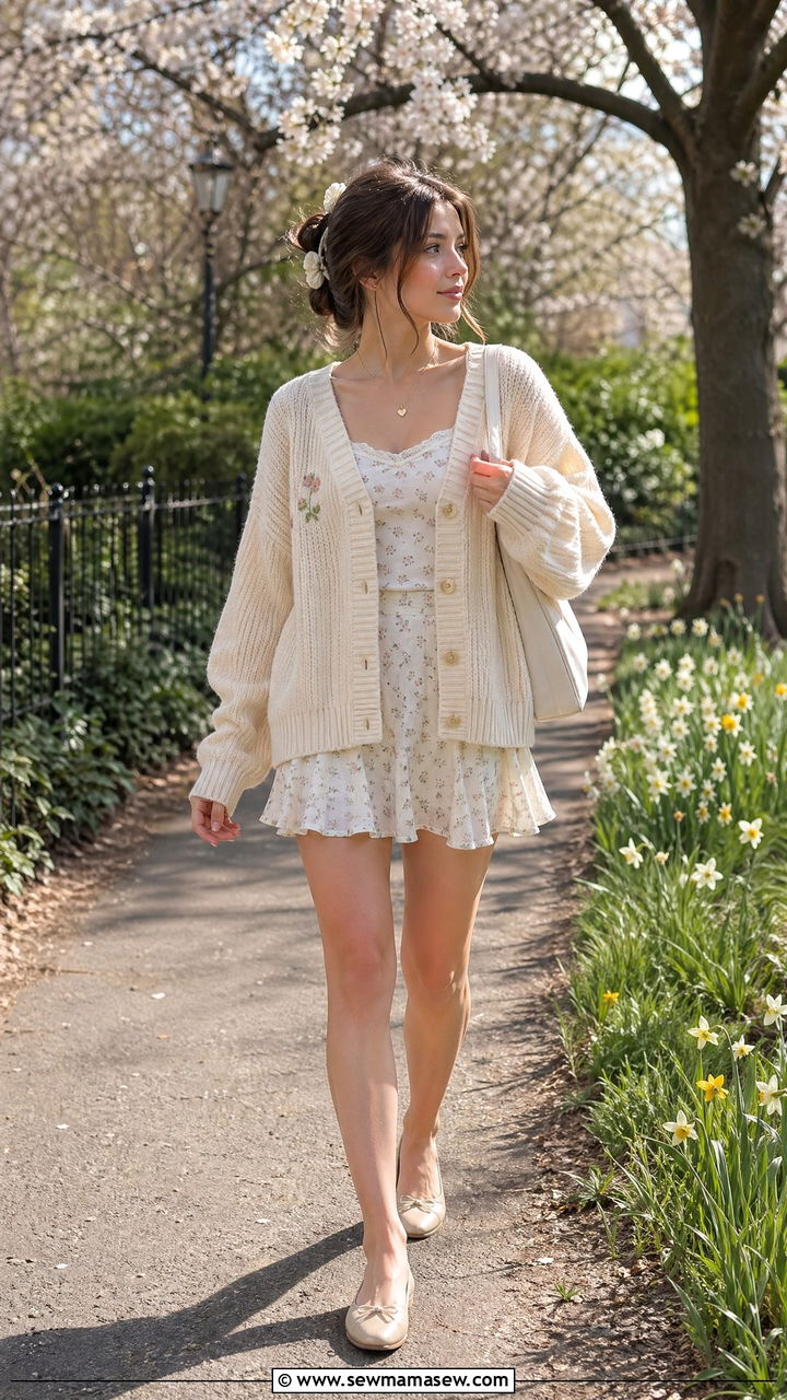 Oversized Cardigan With Mini Skirt and Flats - 35 spring soft girl outfit ideas
