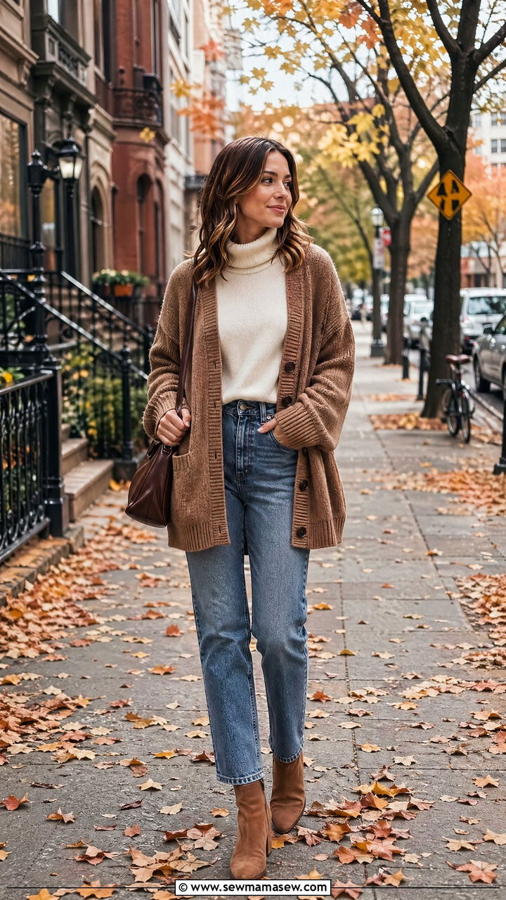 Oversized Cardigan With Turtleneck And Straight Leg Jeans - 35 Cottagecore outfit ideas
