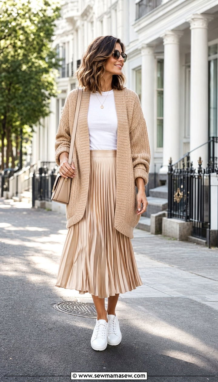 Oversized Cardigan with Pleated Midi Skirt - 35 outfit ideas for women over 30