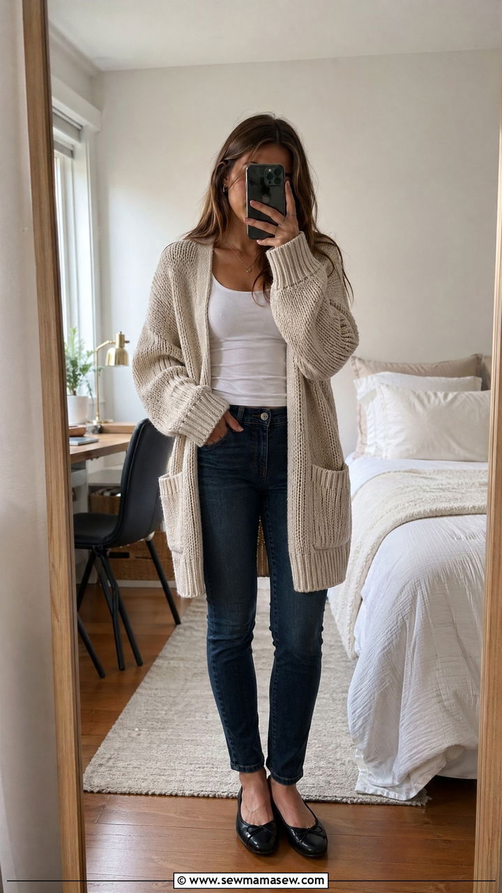 Oversized Cardigan with Slim Jeans and Ballet Flats - 35 college outfits ideas
