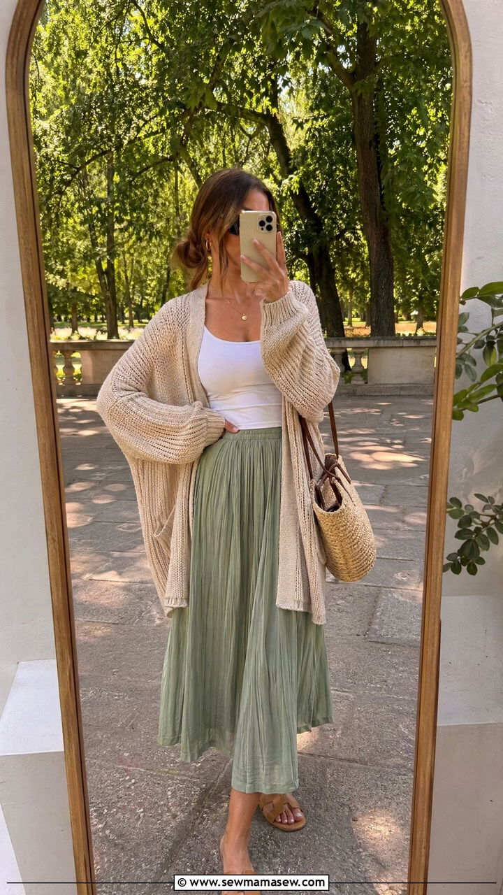 Oversized Cardigan with Tank Top and Midi Skirt - 35 classy travel outfits