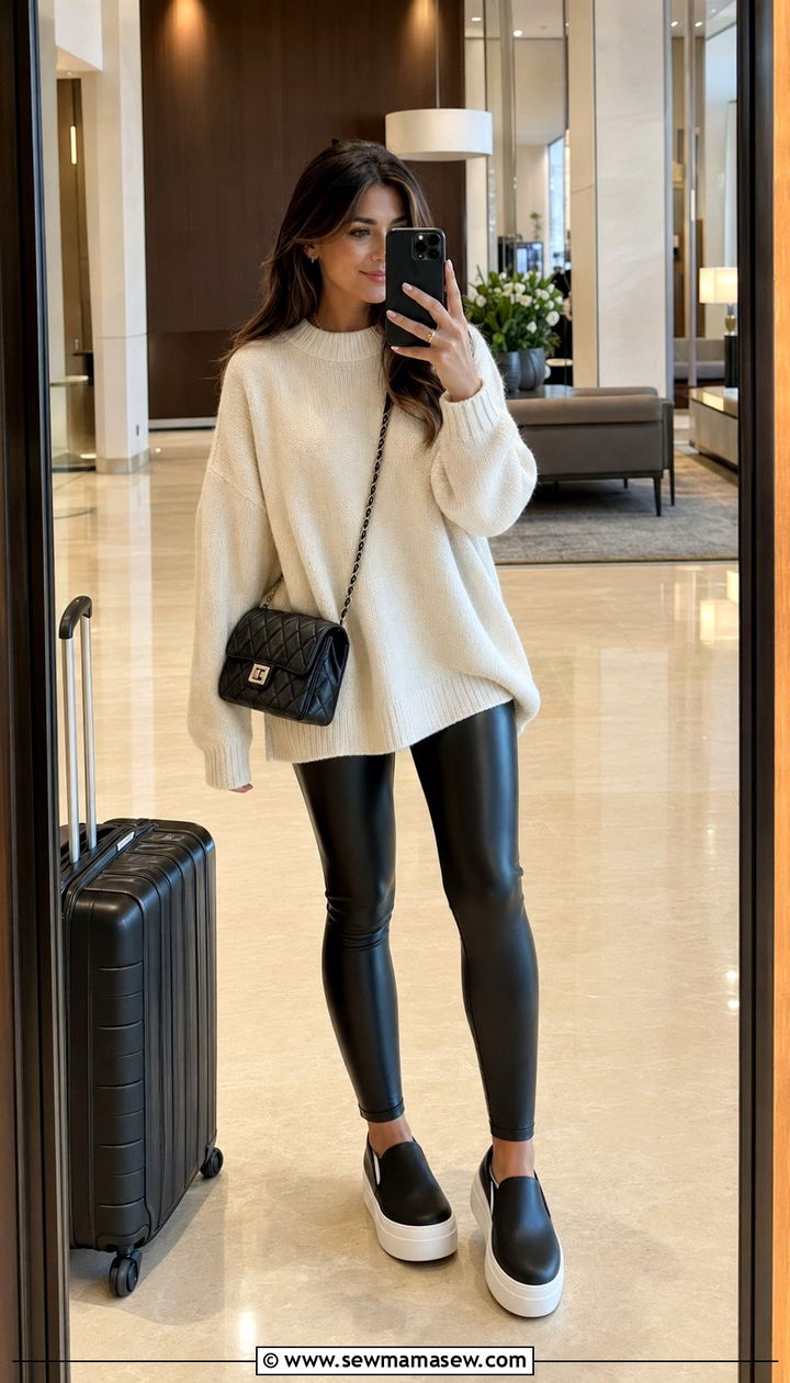 Oversized Cashmere Sweater and Faux Leather Leggings - 30 Airport outfit ideas for red eye flight
