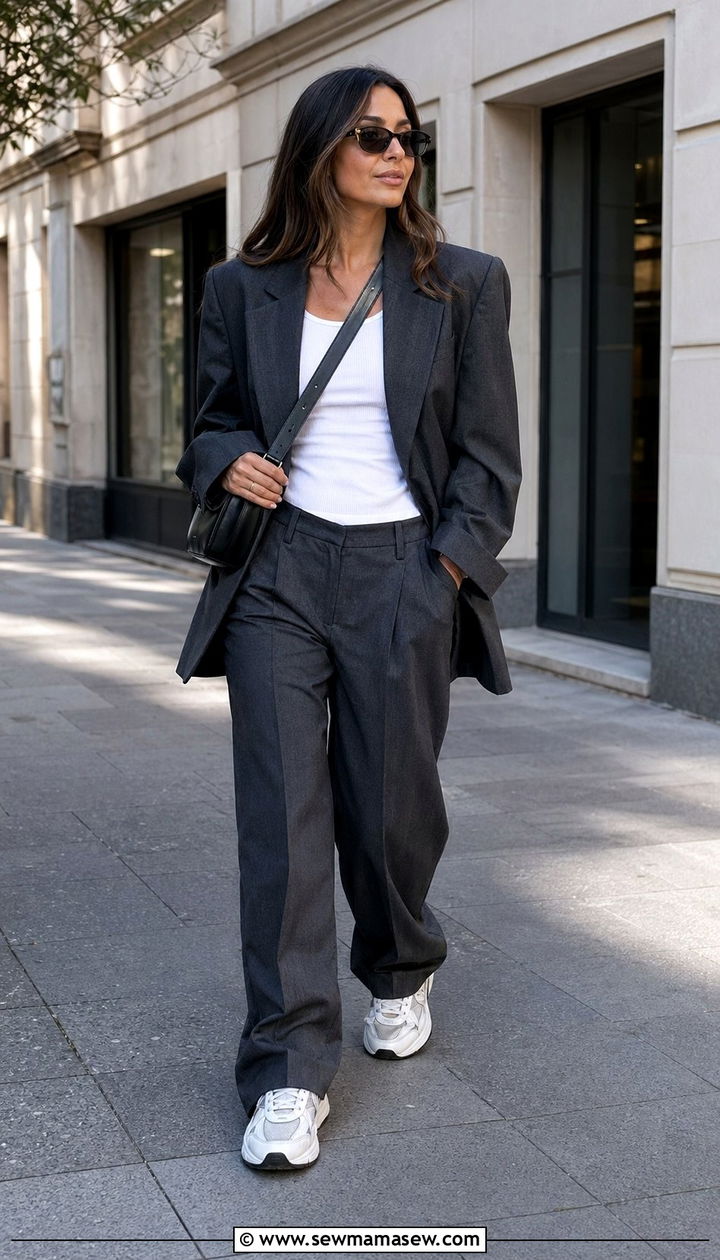 Oversized Charcoal Gray Blazer and Relaxed Trousers - 30 Blazer and pants matching set outfit ideas