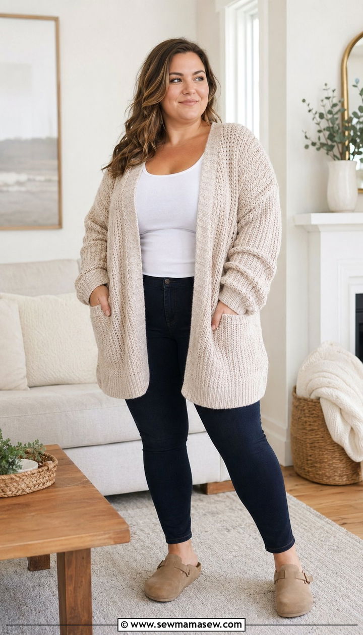 Oversized Chunky Cardigan Tank Top and Jeggings - 35 Plus size outfit ideas size 22