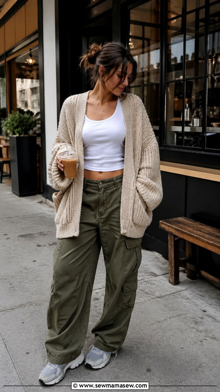 Oversized Chunky Cardigan and Cargo Pants Spring Outfit - 30 Spring knit outfits