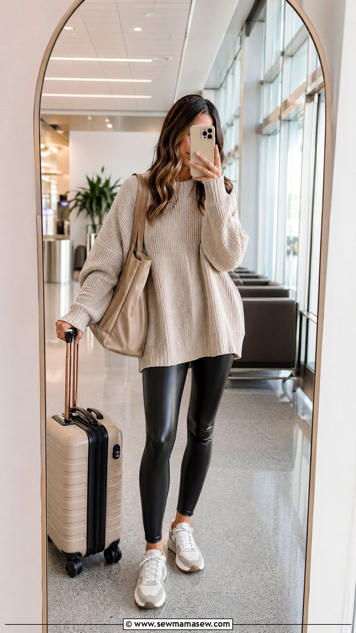 Oversized Chunky Sweater and Faux Leather Leggings - 35 spring airport outfit ideas