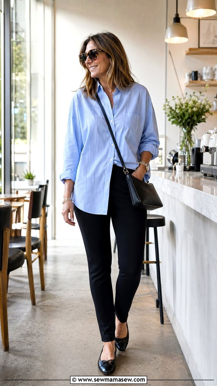 Oversized Cotton Button Down With Fitted Ponte Pants And Leather Ballet Flats - 35 Old money outfits for women over 40