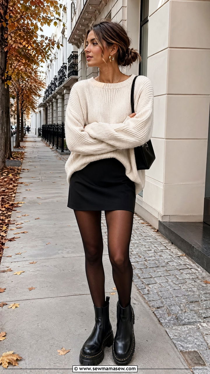 Oversized Cream Sweater With Black Mini Skirt - 35 Clean girl outfit ideas 2026