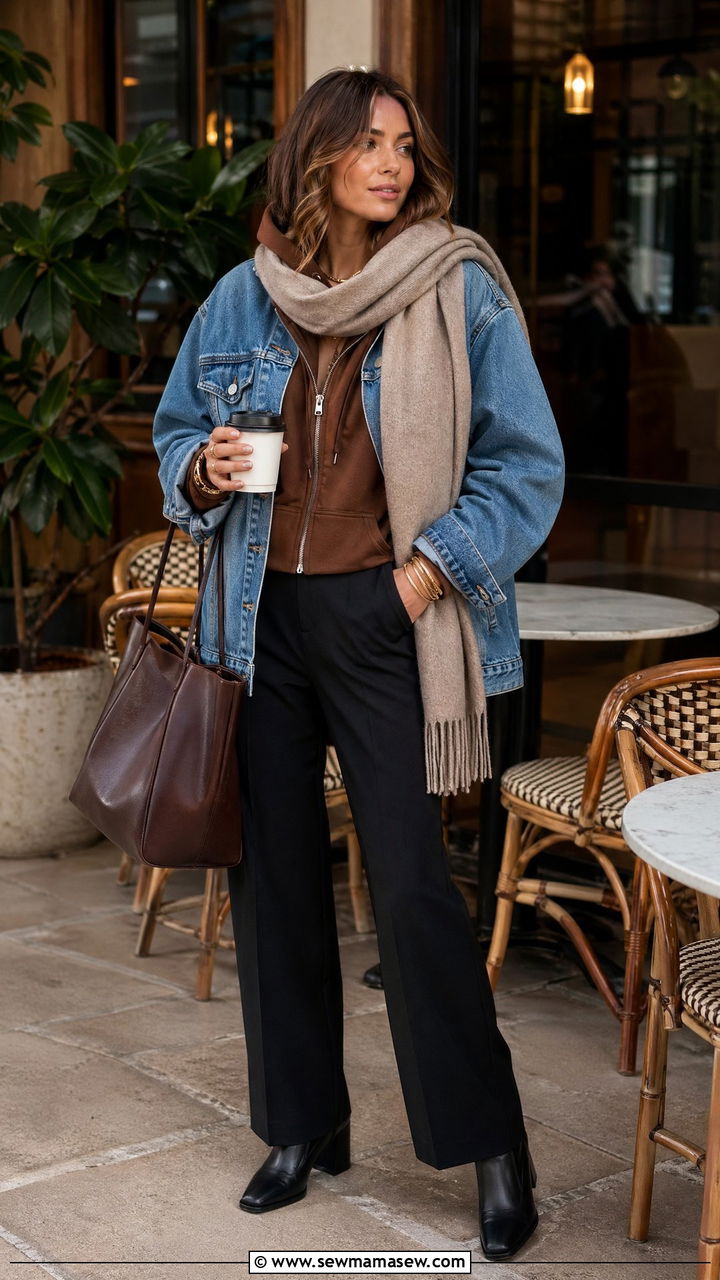 Oversized Denim Jacket With Brown Zip Up and Scarf - 35 Clean girl outfit ideas 2026