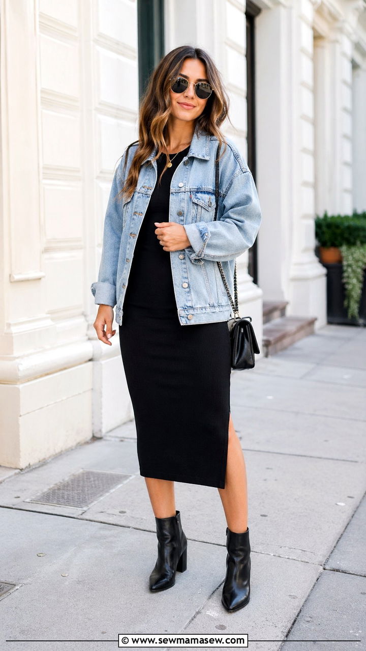 Oversized Denim Jacket with Bodycon Dress and Ankle Boots - 30 spring edgy outfit ideas