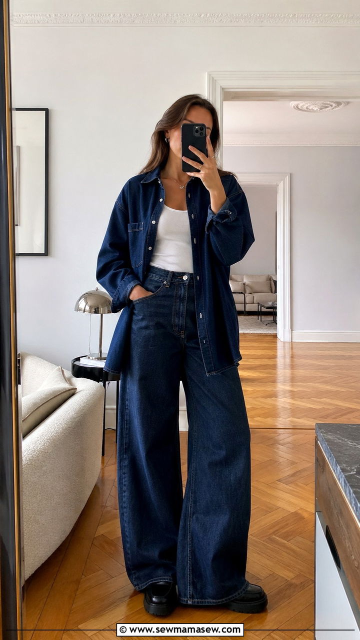 Oversized Denim Shirt With Wide Leg Jeans - 40 All denim blue outfit ideas