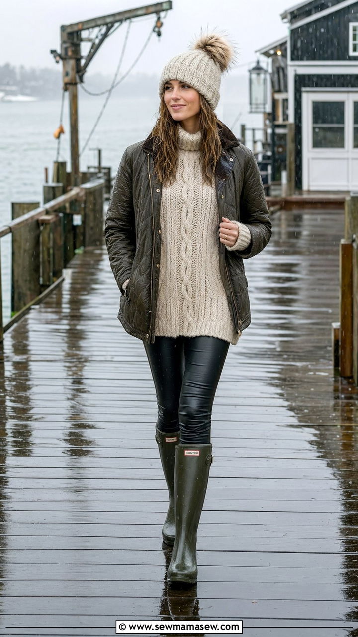 Oversized Fisherman Knit with Leggings and Rain Boots - 35 Nautical outfit ideas