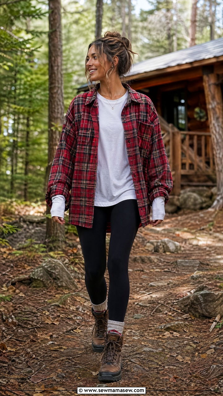 Oversized Flannel Shirt With Leggings - 35 Cozy cabin weekend outfit ideas