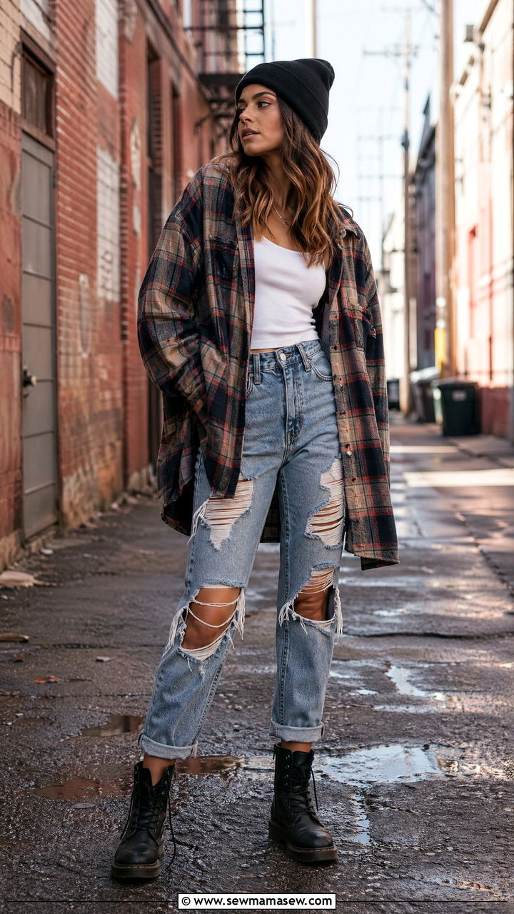 Oversized Flannel Shirt With Ripped Jeans - 35 Streetwear outfit ideas