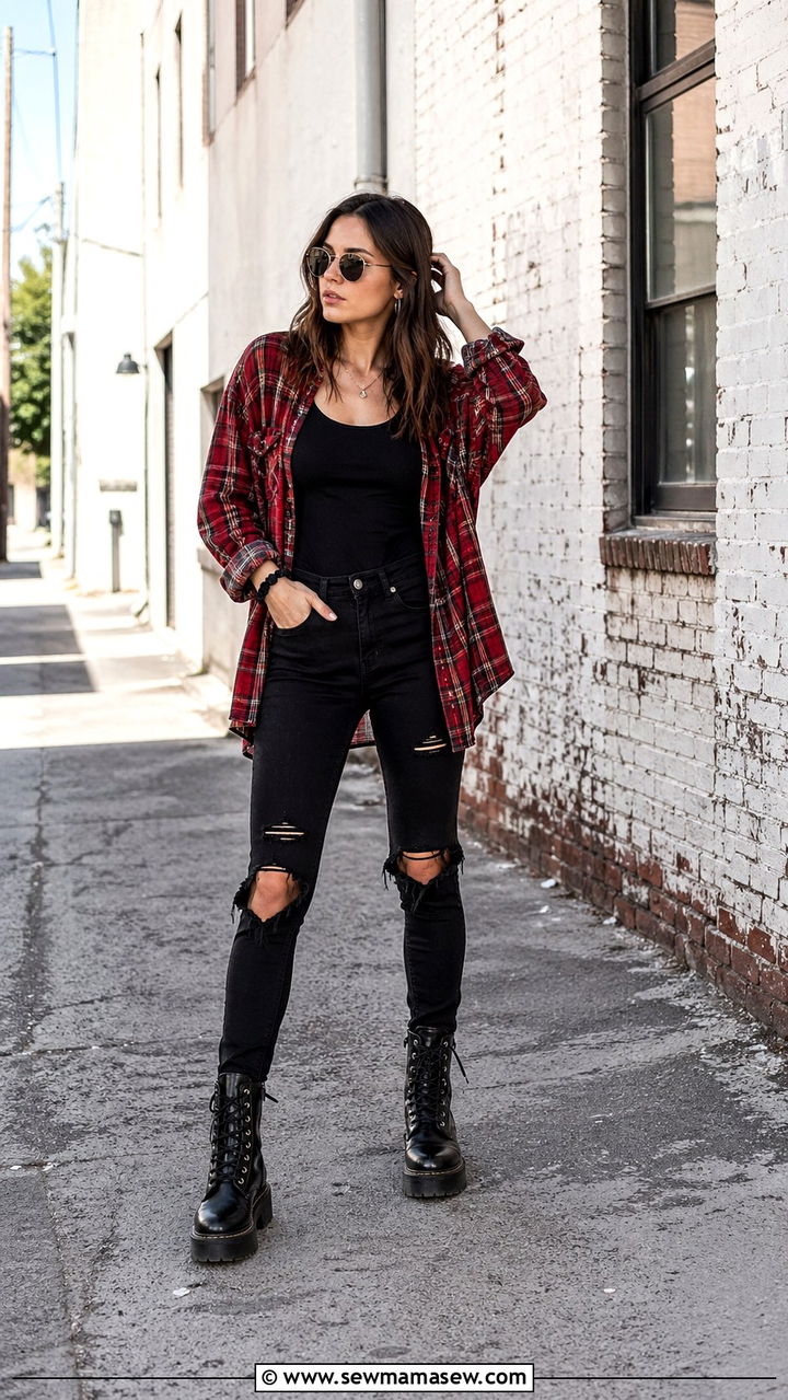 Oversized Flannel Shirt with Ripped Black Jeans and Combat Boots - 30 spring edgy outfit ideas