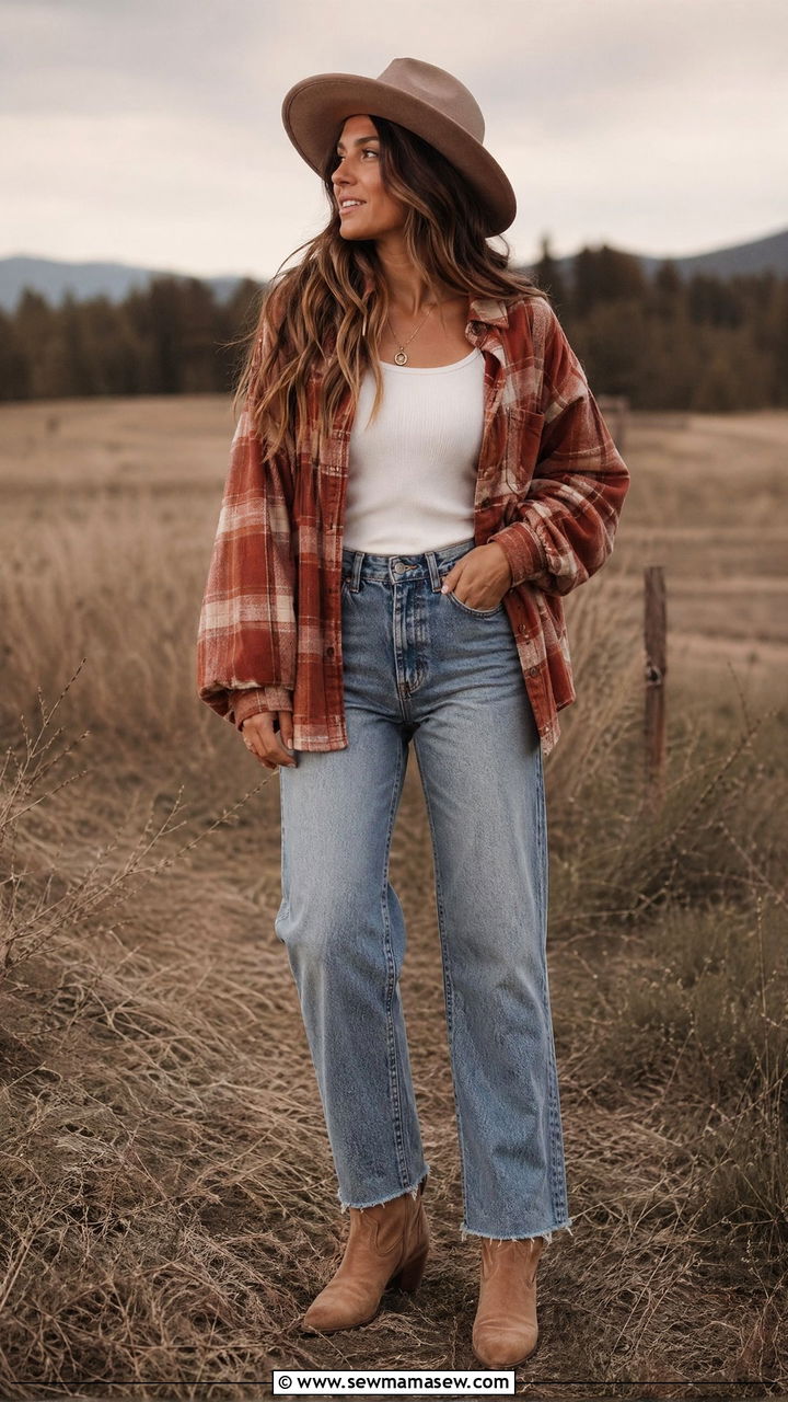 Oversized Flannel With Straight Leg Jeans - 35 Western boho outfit ideas