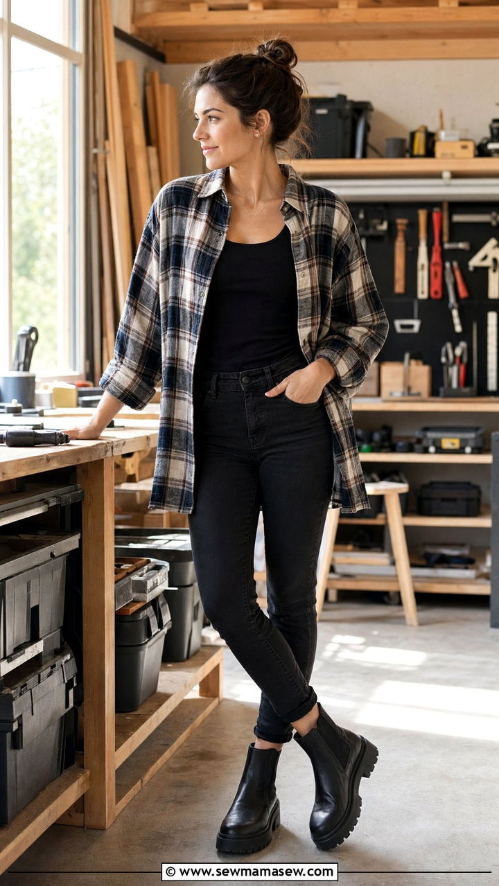 Oversized Flannel and Black Skinny Jeans for Weekend DIY Workshop - 30 Workshop outfit ideas