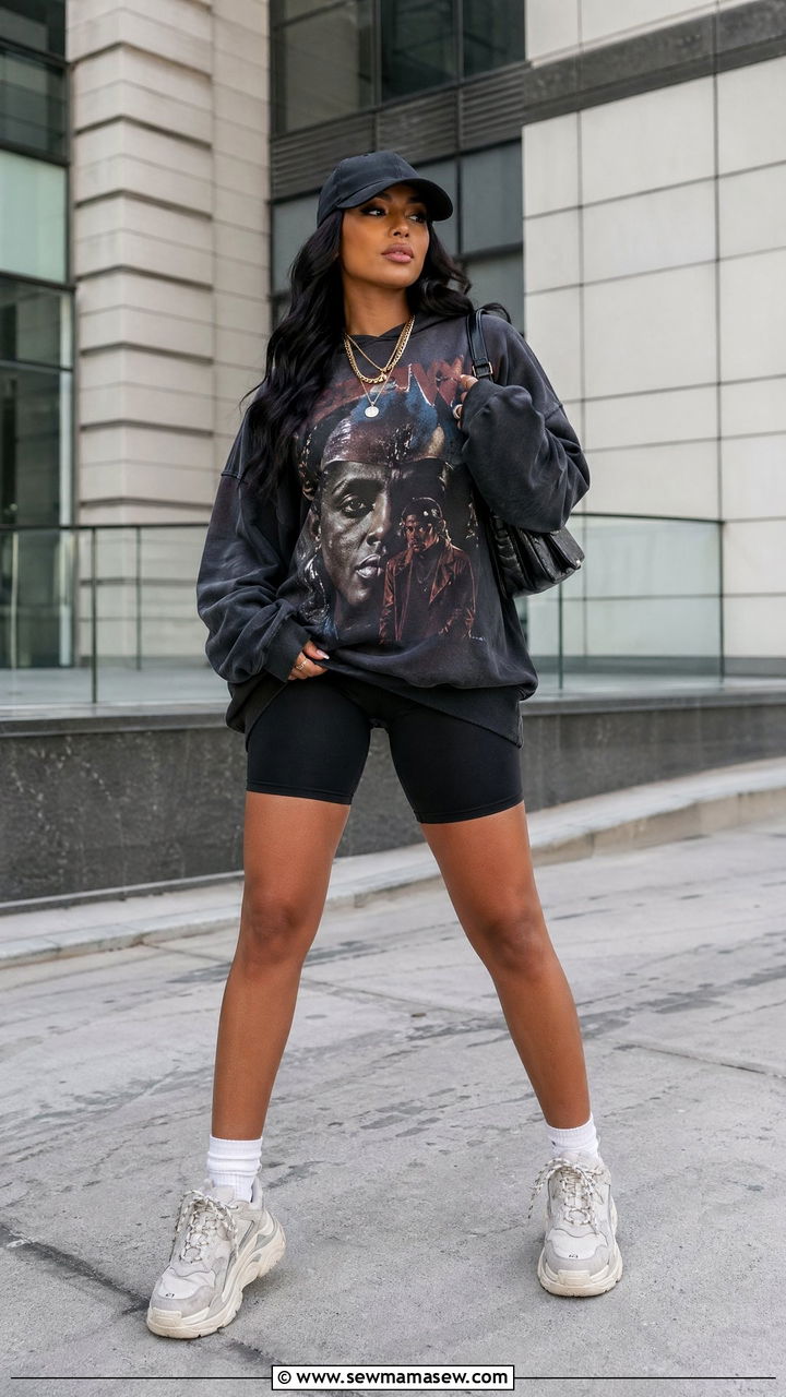 Oversized Graphic Hoodie With Biker Shorts and Sneakers - 35 what to wear to a concert