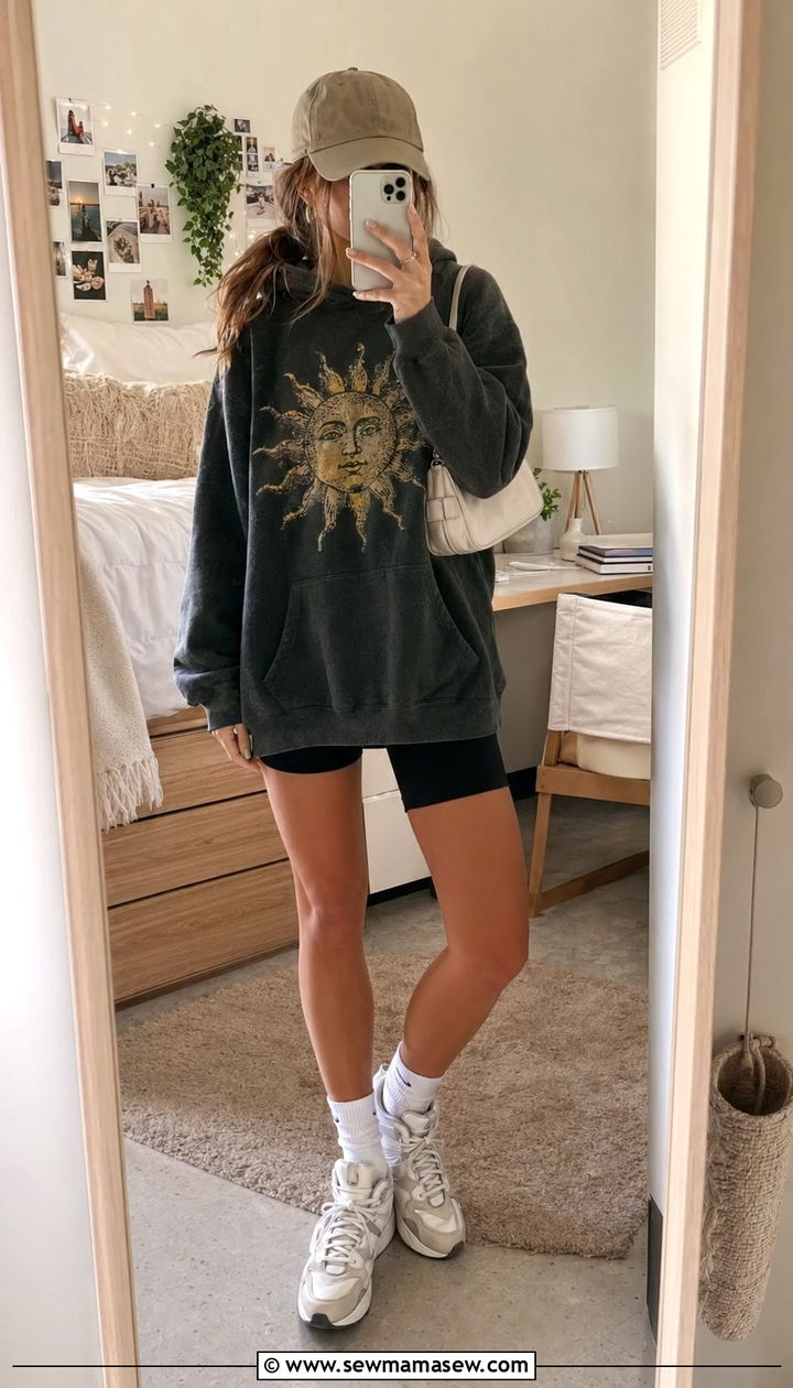 Oversized Graphic Hoodie and Biker Shorts Outfit - 30 Back to school outfit ideas aesthetic 2026