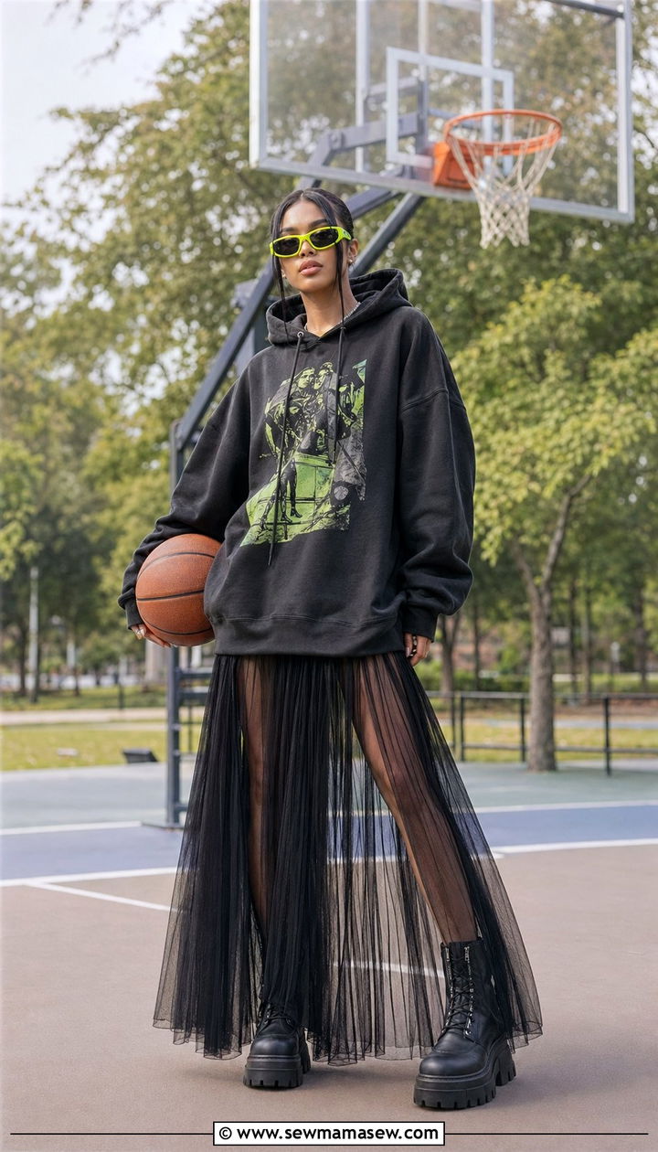 Oversized Graphic Hoodie and Sheer Maxi Skirt - 30 Basketball game outfit ideas