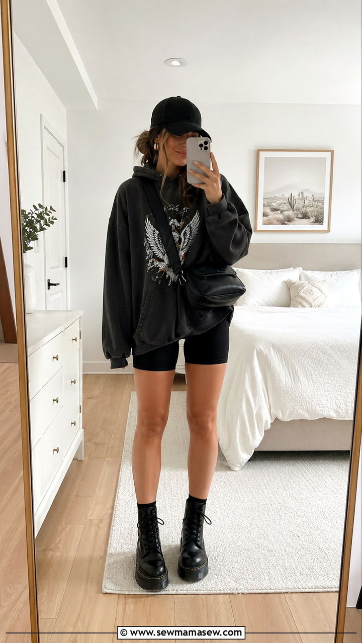 Oversized Graphic Hoodie with Biker Shorts and Combat Boots - 30 spring edgy outfit ideas