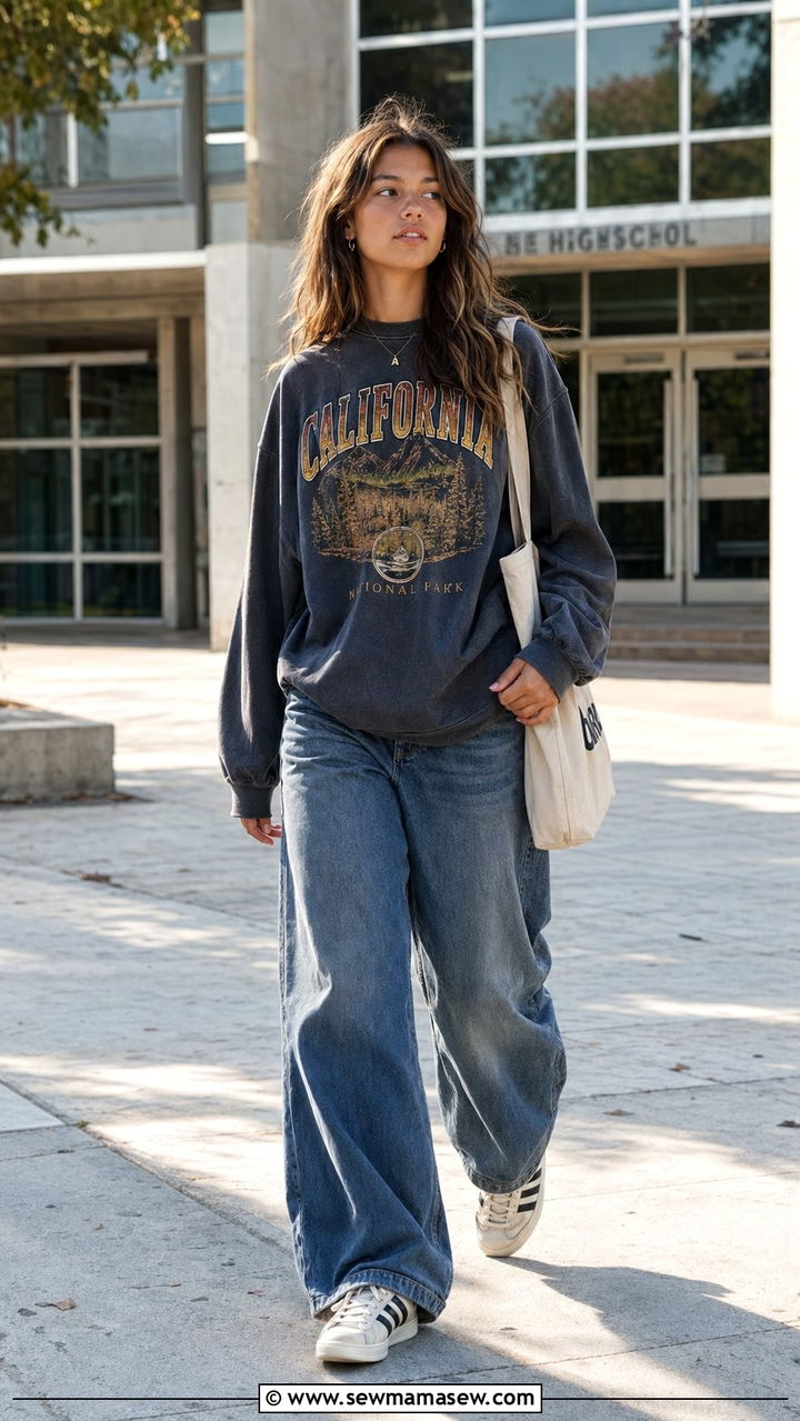 Oversized Graphic Sweatshirt and Baggy Denim Back To School Outfit - 30 Back to school outfit ideas high school 2026