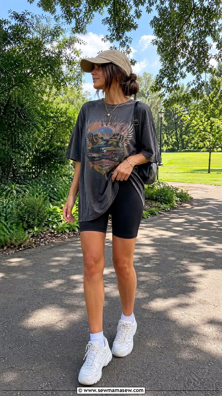 Oversized Graphic Tee And Biker Shorts - 35 cute hot weather outfits