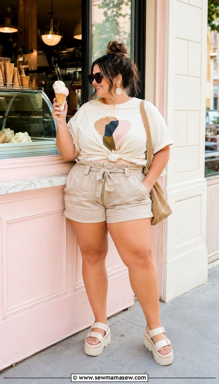 Oversized Graphic Tee And Paperbag Waist Shorts - 35 Postpartum outfit ideas plus size