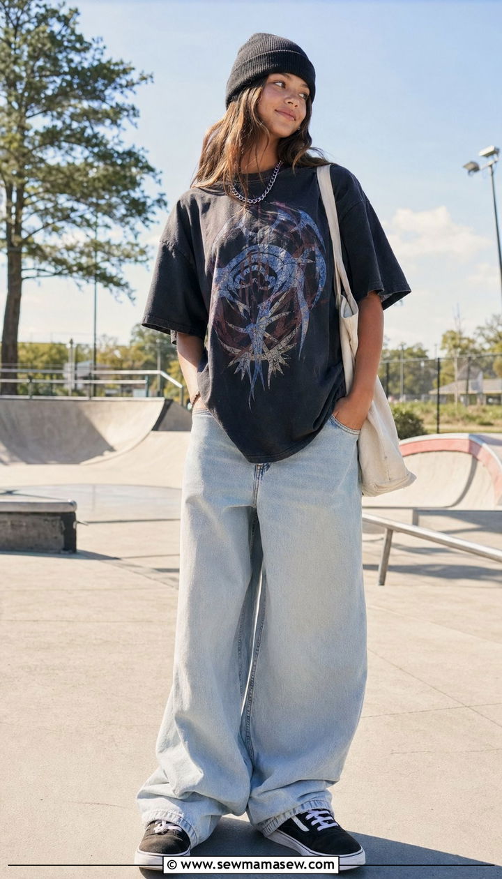 Oversized Graphic Tee With Baggy Jeans - 30 Y2K outfits for teens