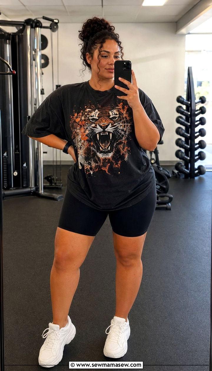 Oversized Graphic Tee With Bike Shorts - 35 Plus size workout outfit ideas