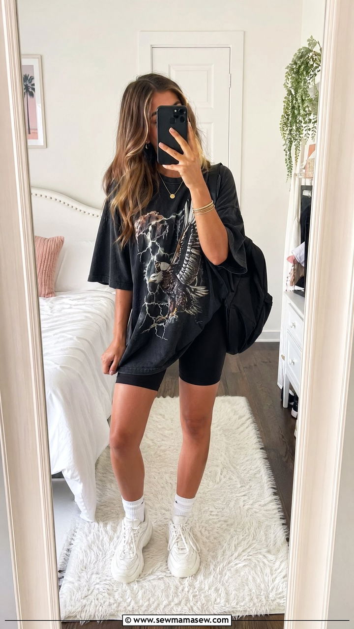 Oversized Graphic Tee and Biker Shorts - 35 Summer outfits for high school