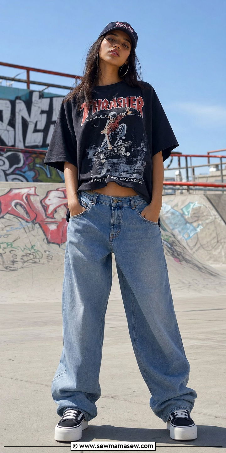 Oversized Graphic Tee with Baggy Jeans and Platform Sneakers - 35 Outfit ideas for tall women
