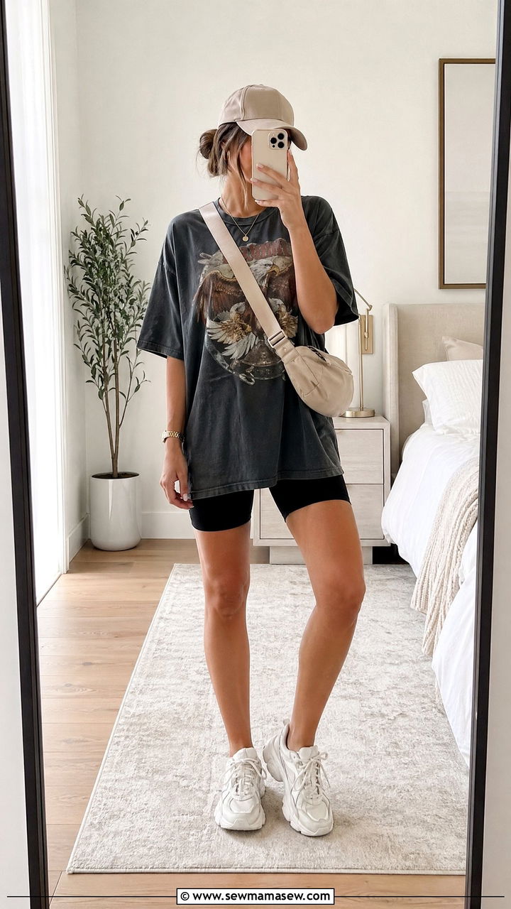 Oversized Graphic Tee with Bike Shorts and Chunky Sneakers - 35 summer outfit ideas casual