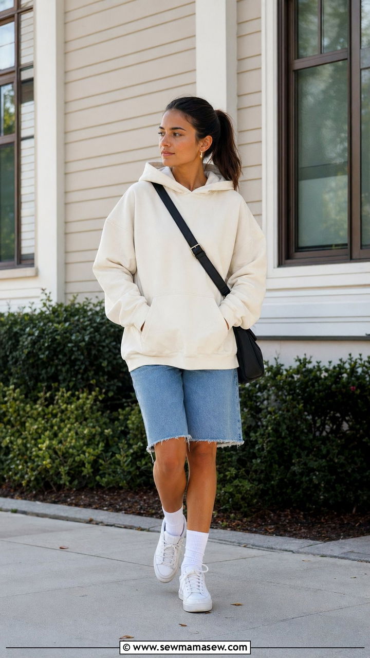 Oversized Hoodie And Denim Shorts Clean Girl School Look - 30 Back to school outfit ideas clean girl 2026